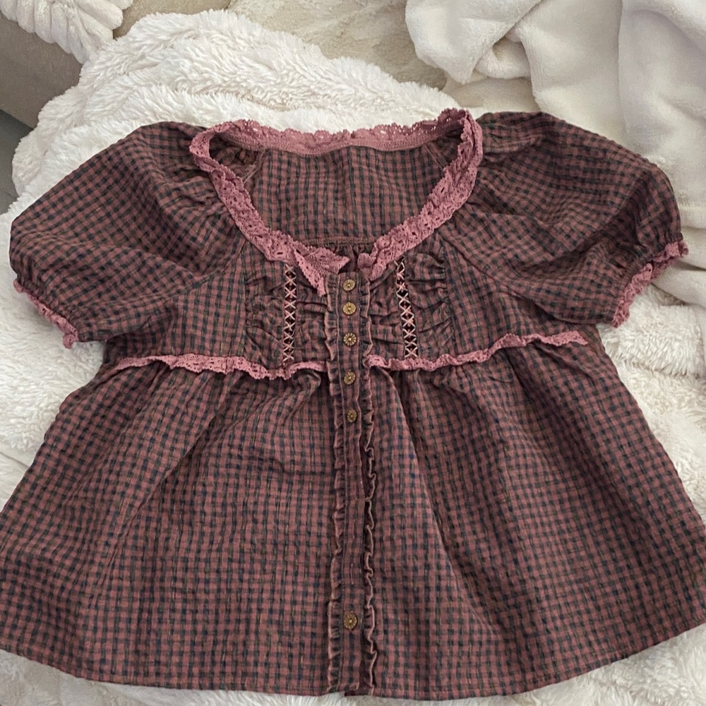 Plaid Blouse with Lace Trim